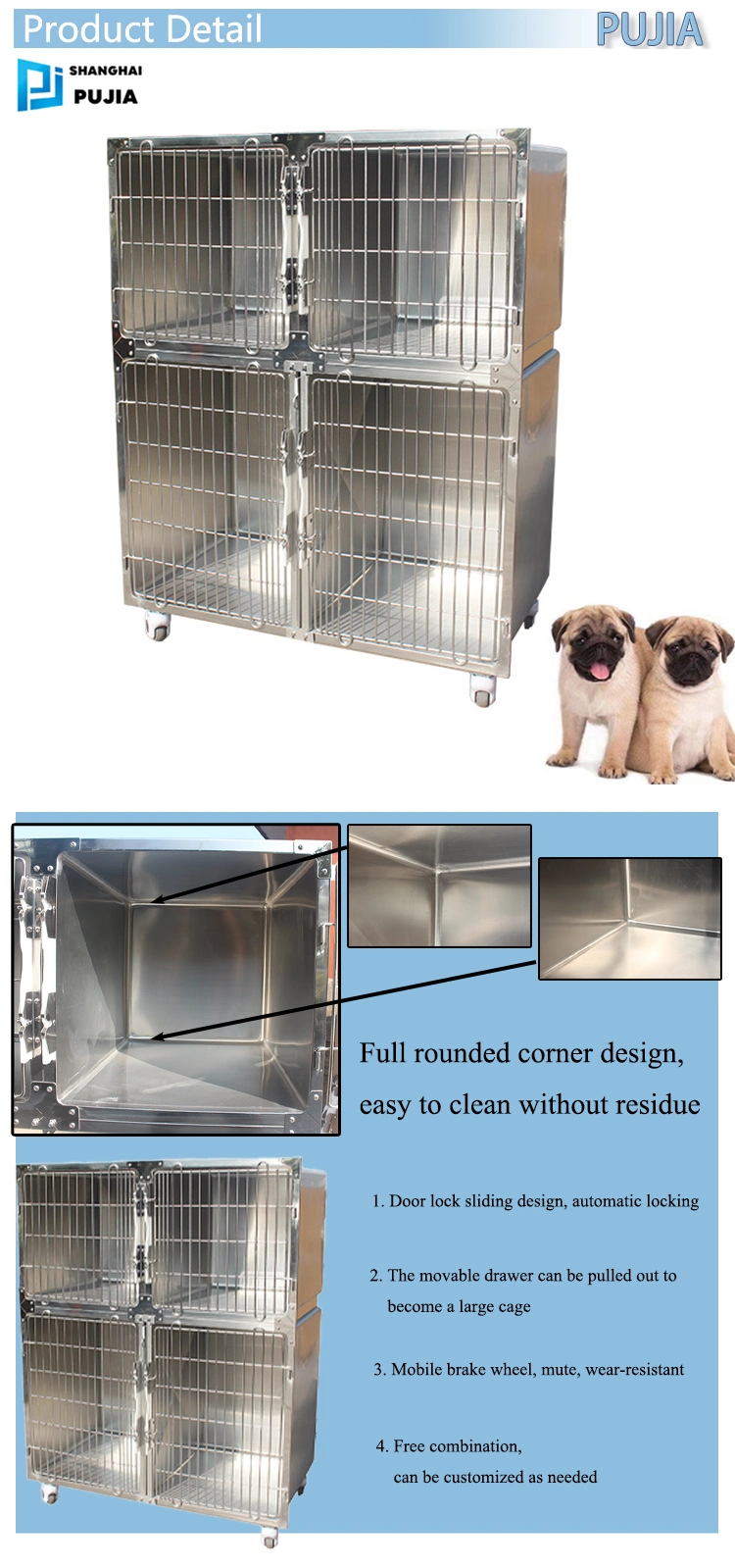 Best Selling Large Stainless Steel Pet Cage Veterinary Professional Cage Indoor Dog and Cat Cage for Sale with Best Price